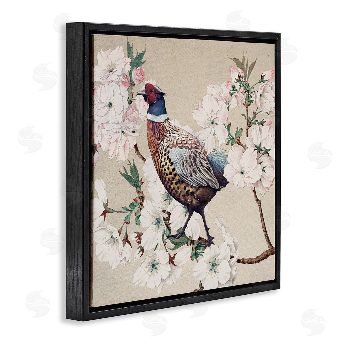 Ziwei Li Vintage Wild Turkey Pink Tree Blossoms  Black Floater Frame Canvas Art