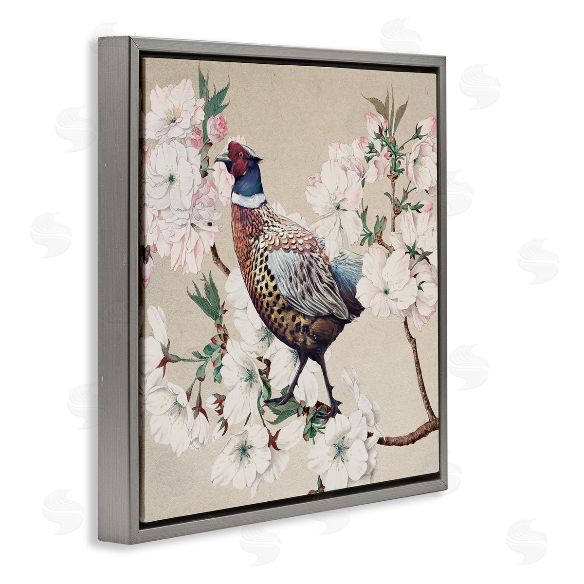 Ziwei Li Vintage Wild Turkey Pink Tree Blossoms  Gray Floater Frame Canvas Art