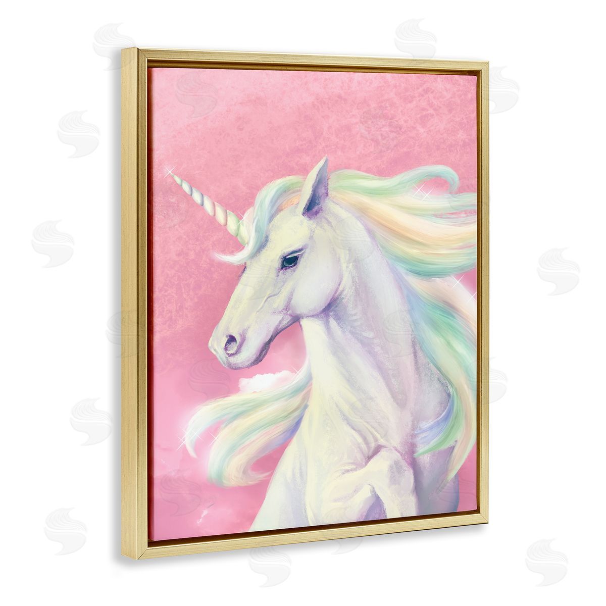 Pink Unicorn Playful Rainbow Gold Floating Frame Canvas Wall Art, Home Decor by Ziwei Li