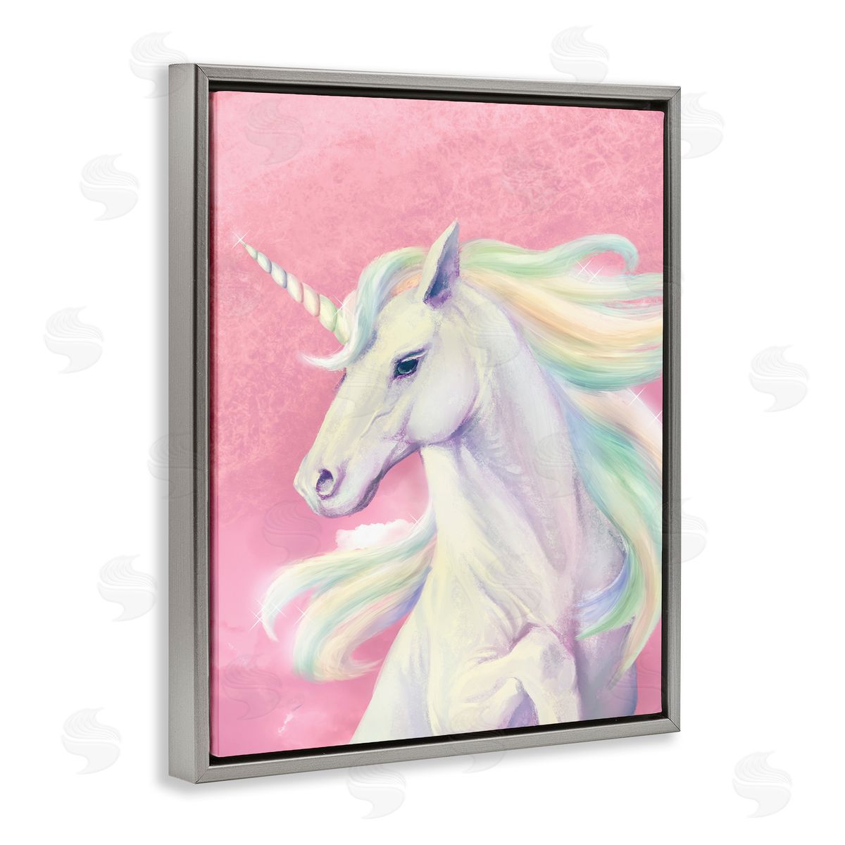 Pink Unicorn Playful Rainbow Grey Floating Frame Canvas Wall Art, Home Decor by Ziwei Li