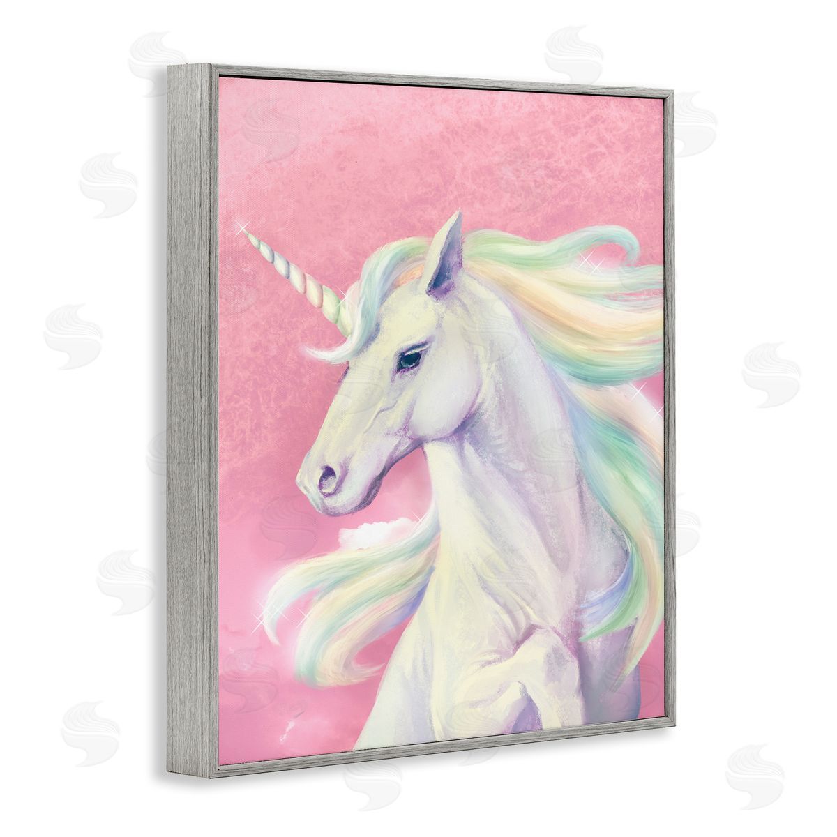 Pink Unicorn Playful Rainbow Grey Frame Print Wall Art, Home Decor by Ziwei Li