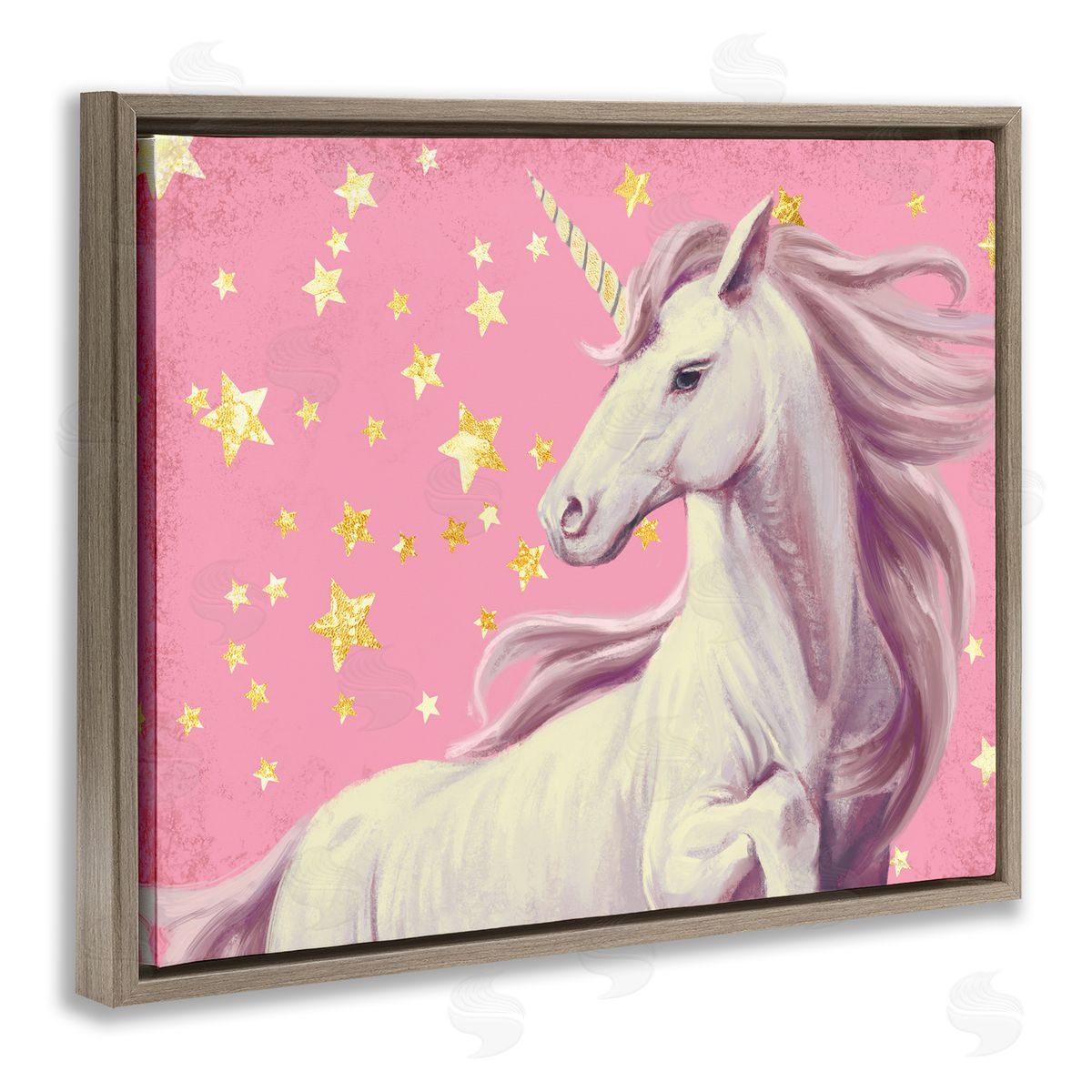 Ziwei Li Unicorn in Pink Starry Sky Brown Floater Frame Canvas Art