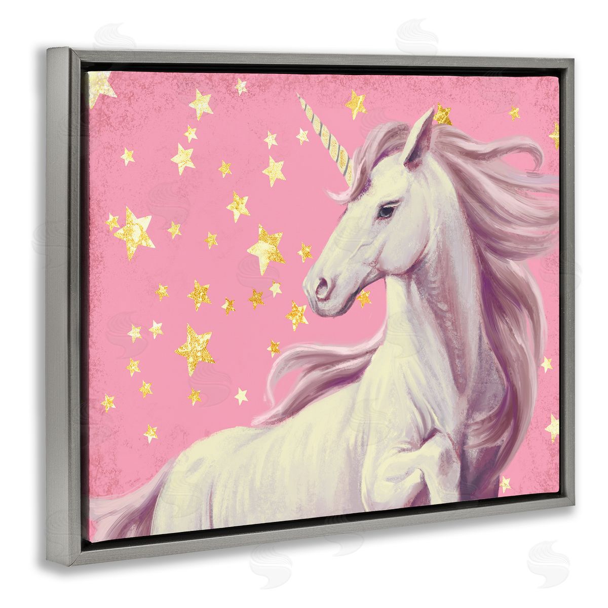 Ziwei Li Unicorn in Pink Starry Sky Gray Floater Frame Canvas Art