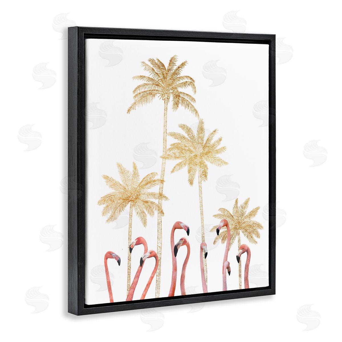 Ziwei Li Flamingoes Golden Palm Trees Black Floater Frame Canvas Art