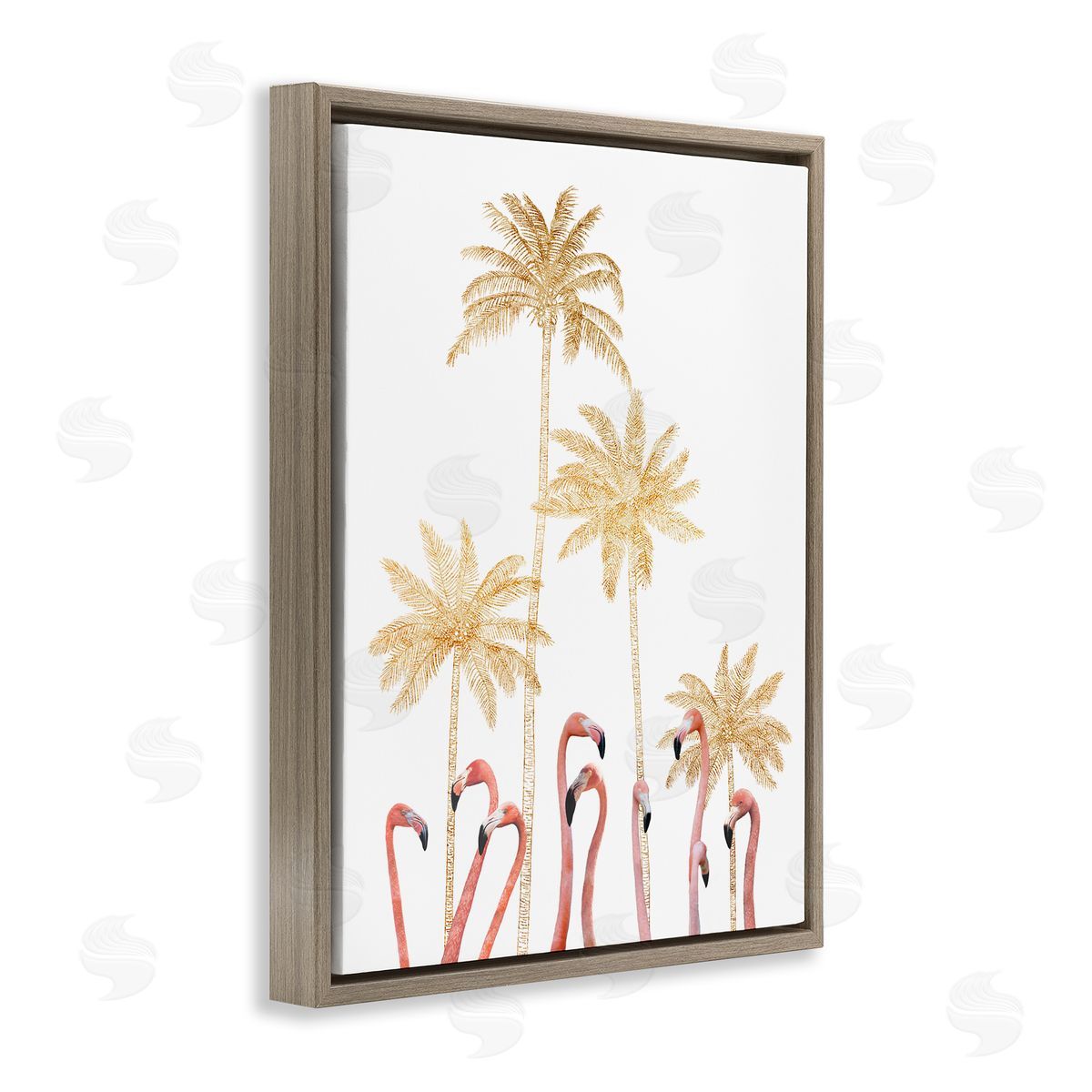 Ziwei Li Flamingoes Golden Palm Trees Brown Floater Frame Canvas Art