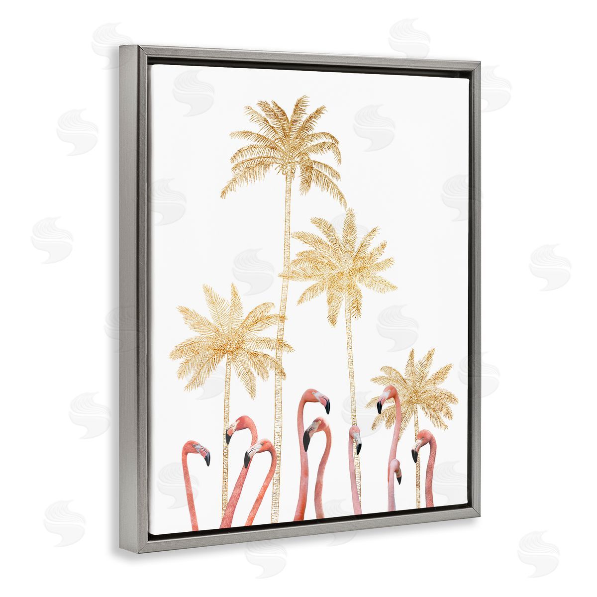 Ziwei Li Flamingoes Golden Palm Trees Gray Floater Frame Canvas Art
