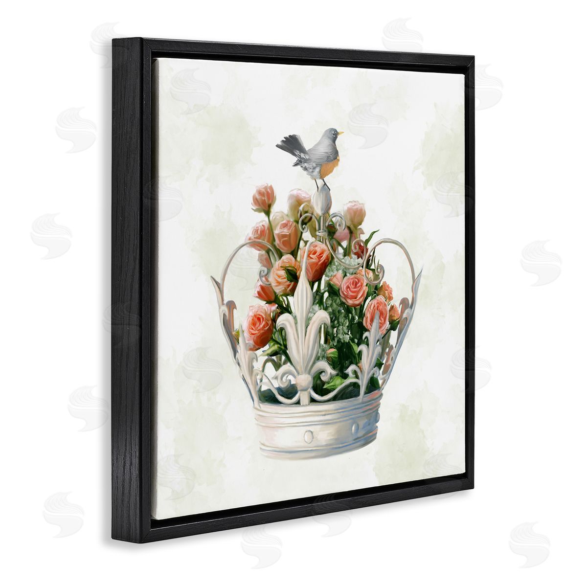 Ziwei Li Bird Perched on Crown Rose Bouquet Black Floater Frame Canvas Art