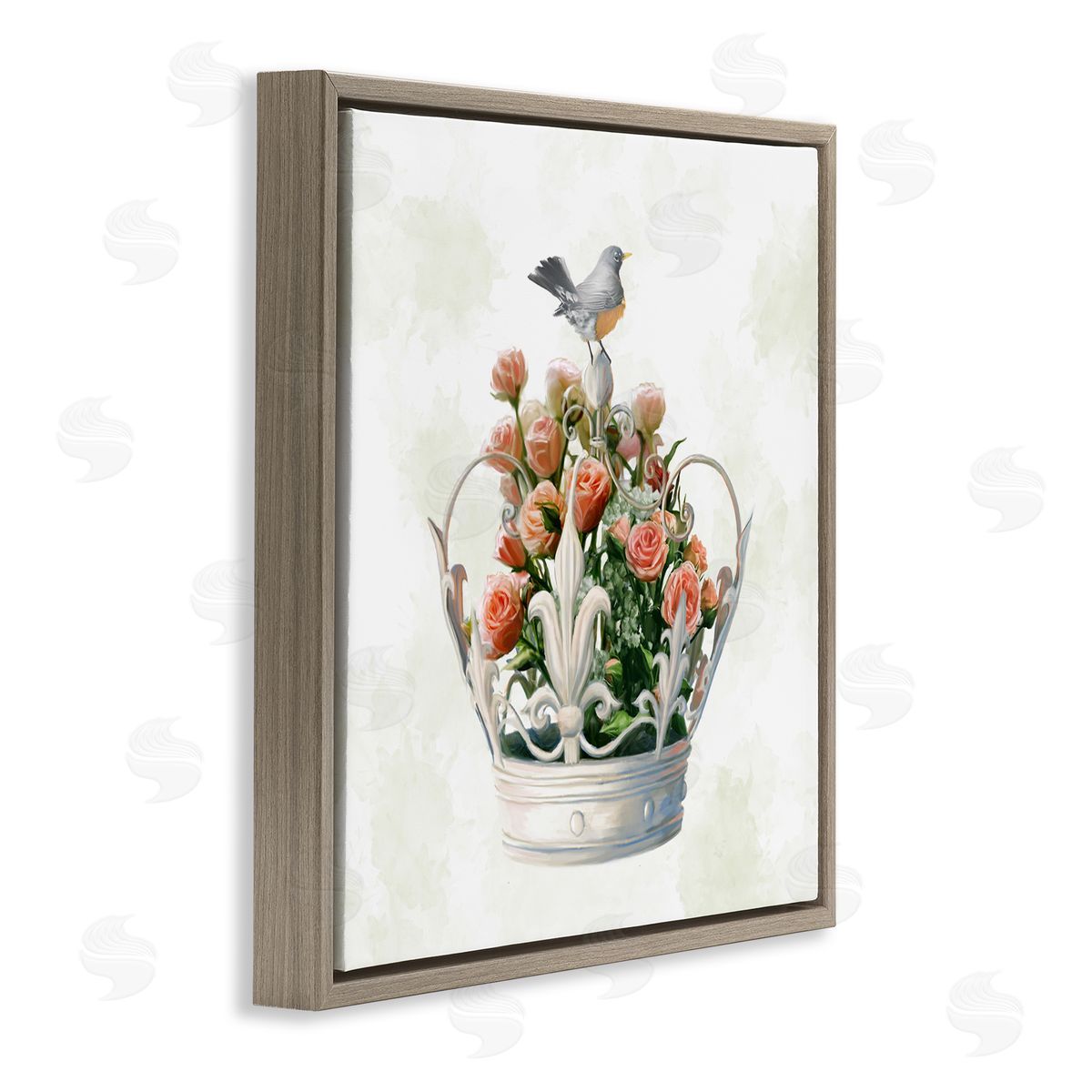 Ziwei Li Bird Perched on Crown Rose Bouquet Brown Floater Frame Canvas Art