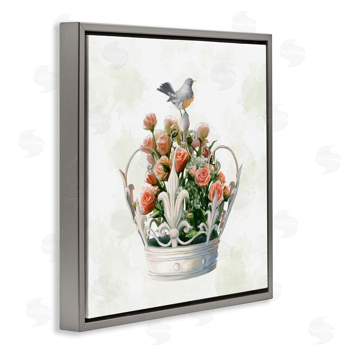 Ziwei Li Bird Perched on Crown Rose Bouquet Gray Floater Frame Canvas Art