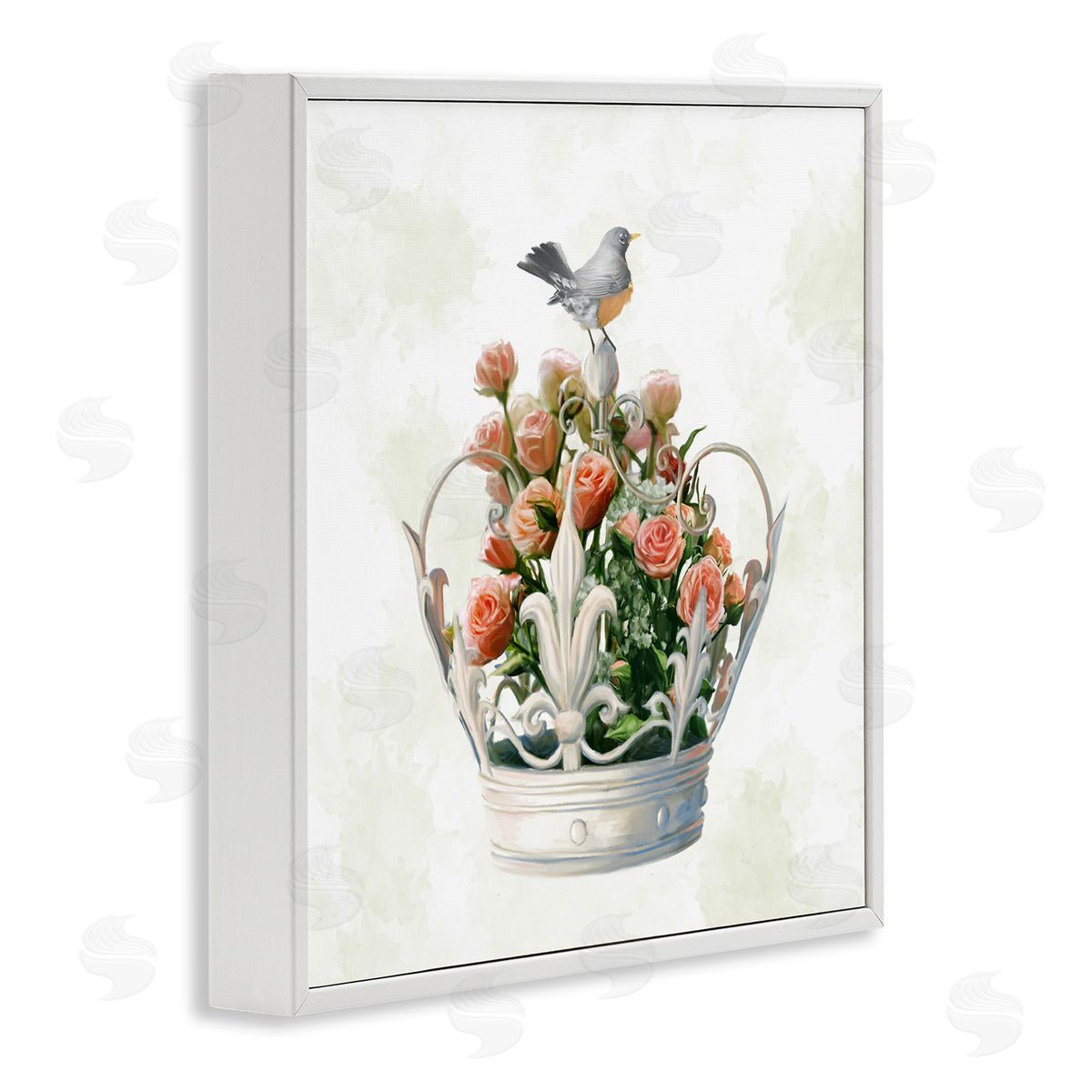 Ziwei Li Bird Perched on Crown Rose Bouquet White Framed Giclee Wall Art