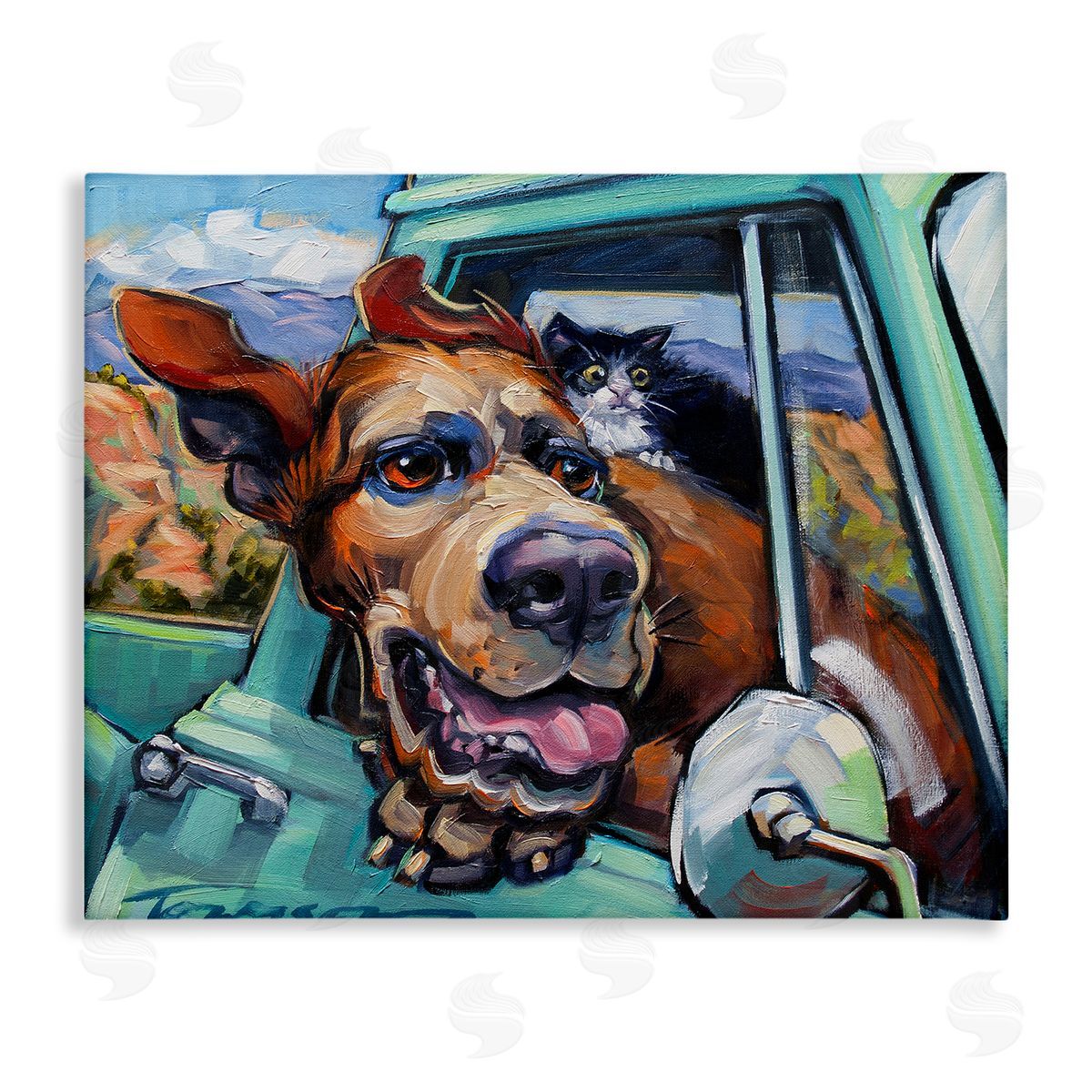 CR Townsend Cat and Dog in Truck Window Canvas Wall Art