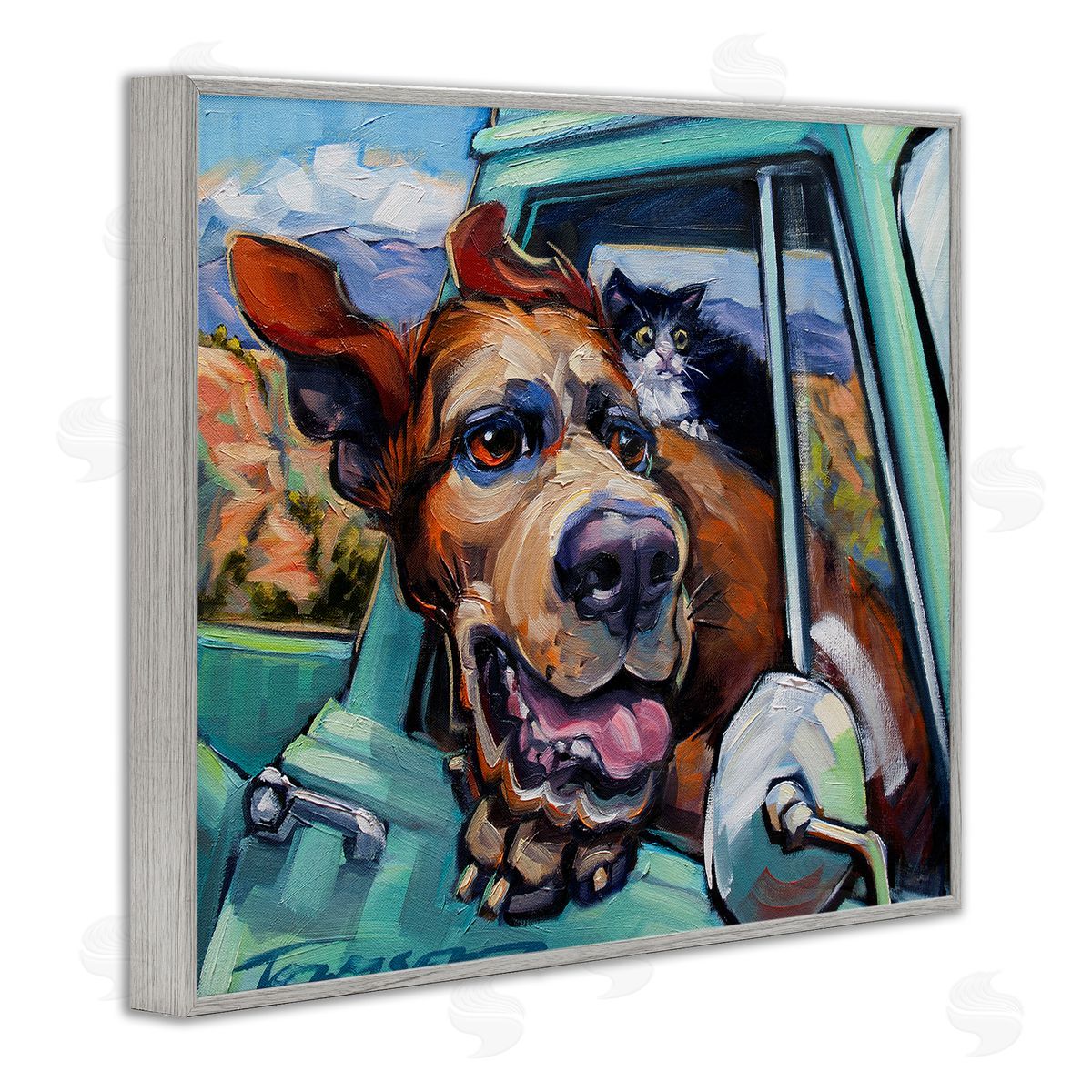 CR Townsend Cat and Dog in Truck Window Gray Framed Giclee Wall Art