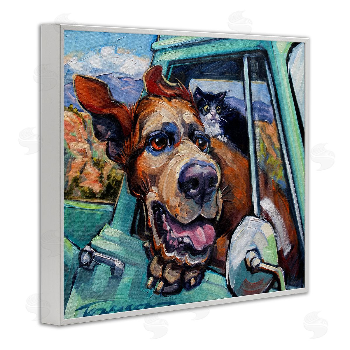 CR Townsend Cat and Dog in Truck Window White Framed Giclee Wall Art