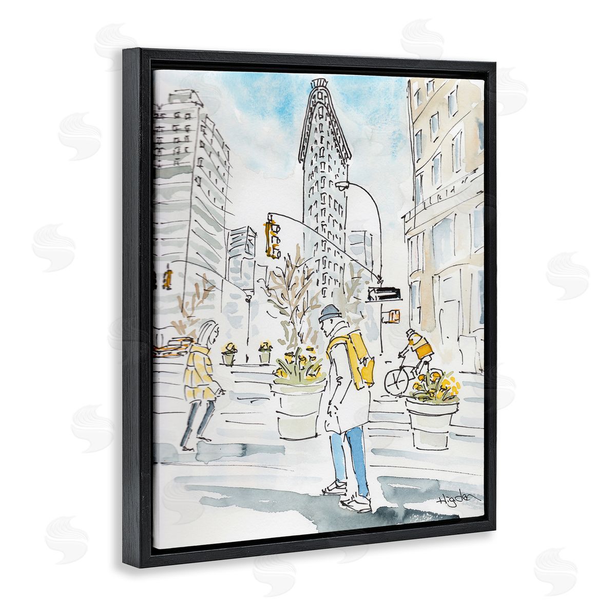 Mark Higden City People Walking Watercolor Black Floater Frame Canvas Art