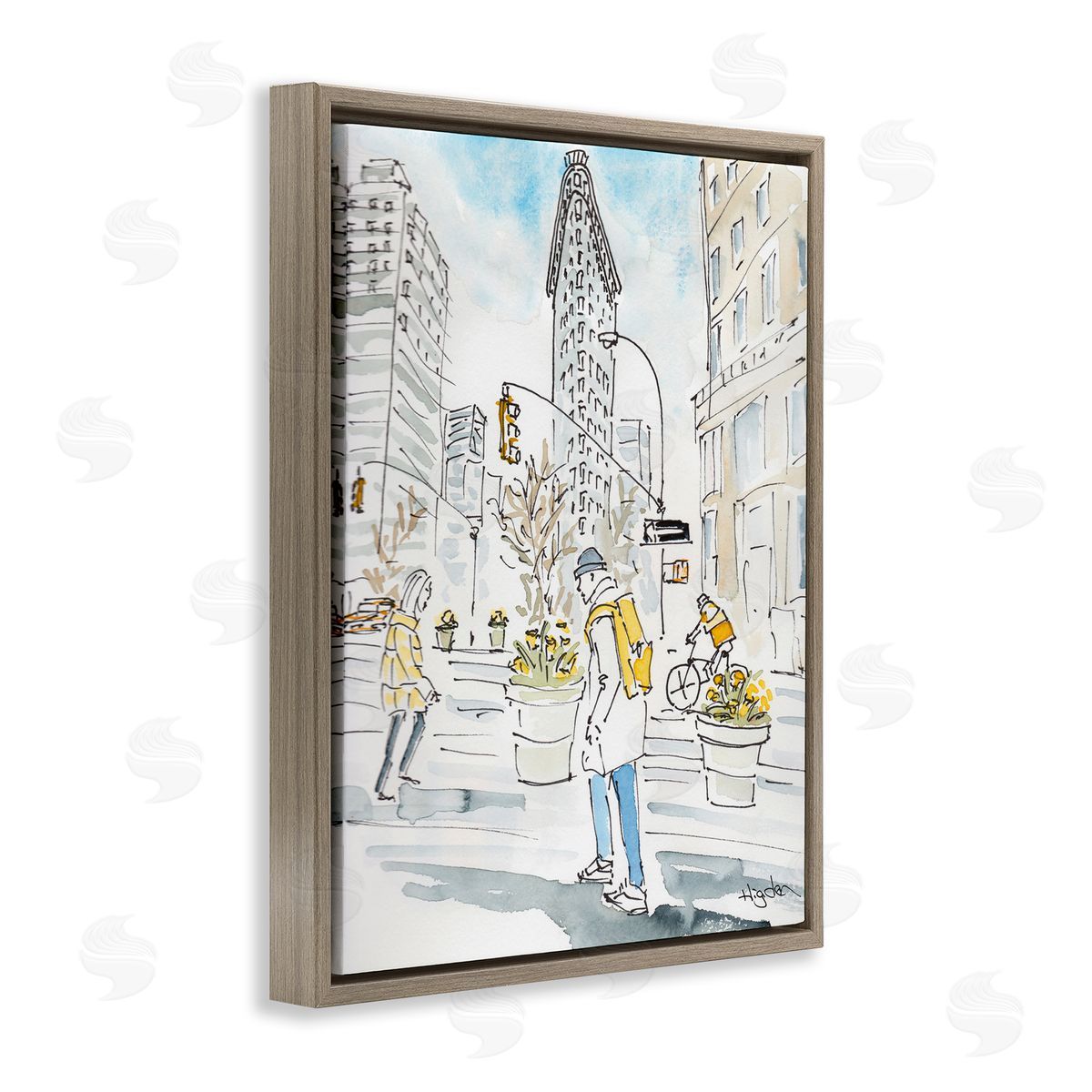 Mark Higden City People Walking Watercolor Brown Floater Frame Canvas Art