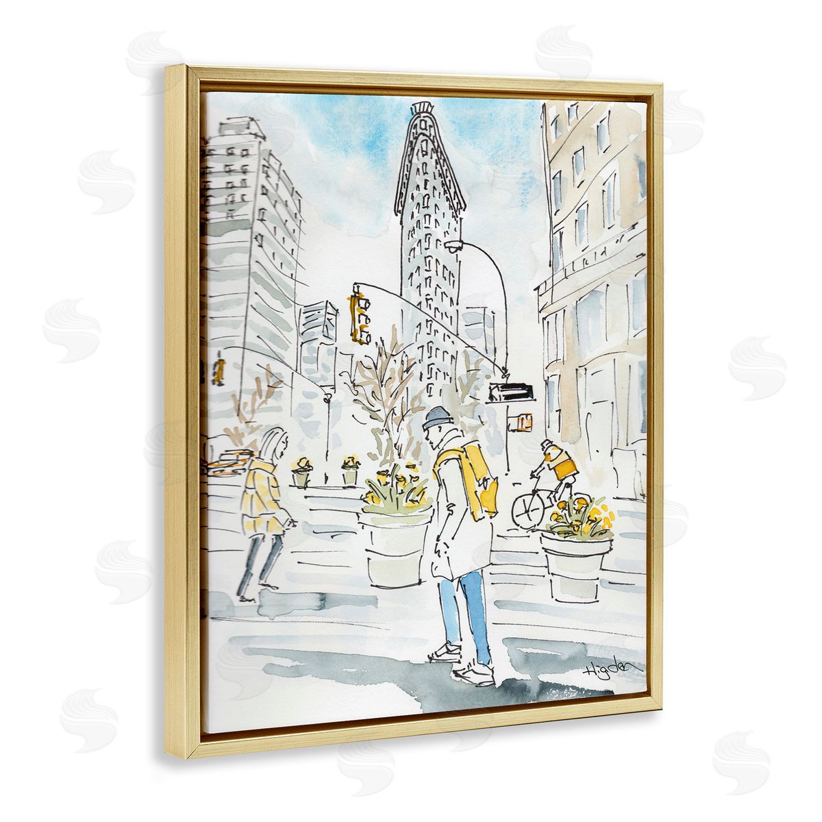 Mark Higden City People Walking Watercolor Gold Floater Frame Canvas Art