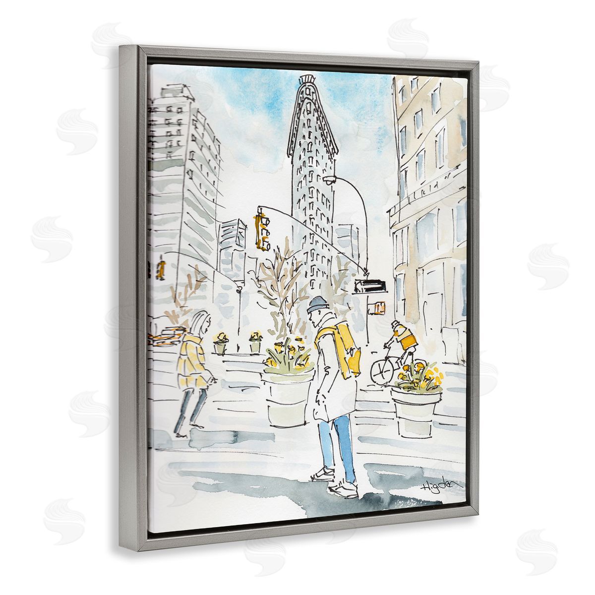 Mark Higden City People Walking Watercolor Gray Floater Frame Canvas Art