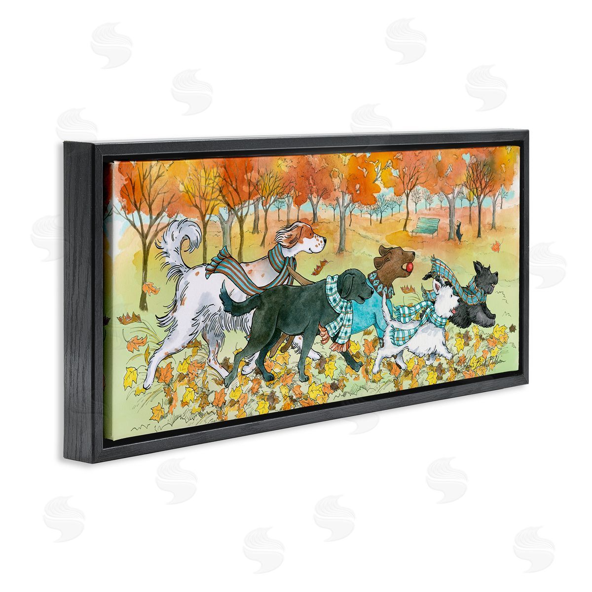 Sherri Buck Baldwin Dogs Running in Autumn Leaves Black Floater Frame Canvas Art