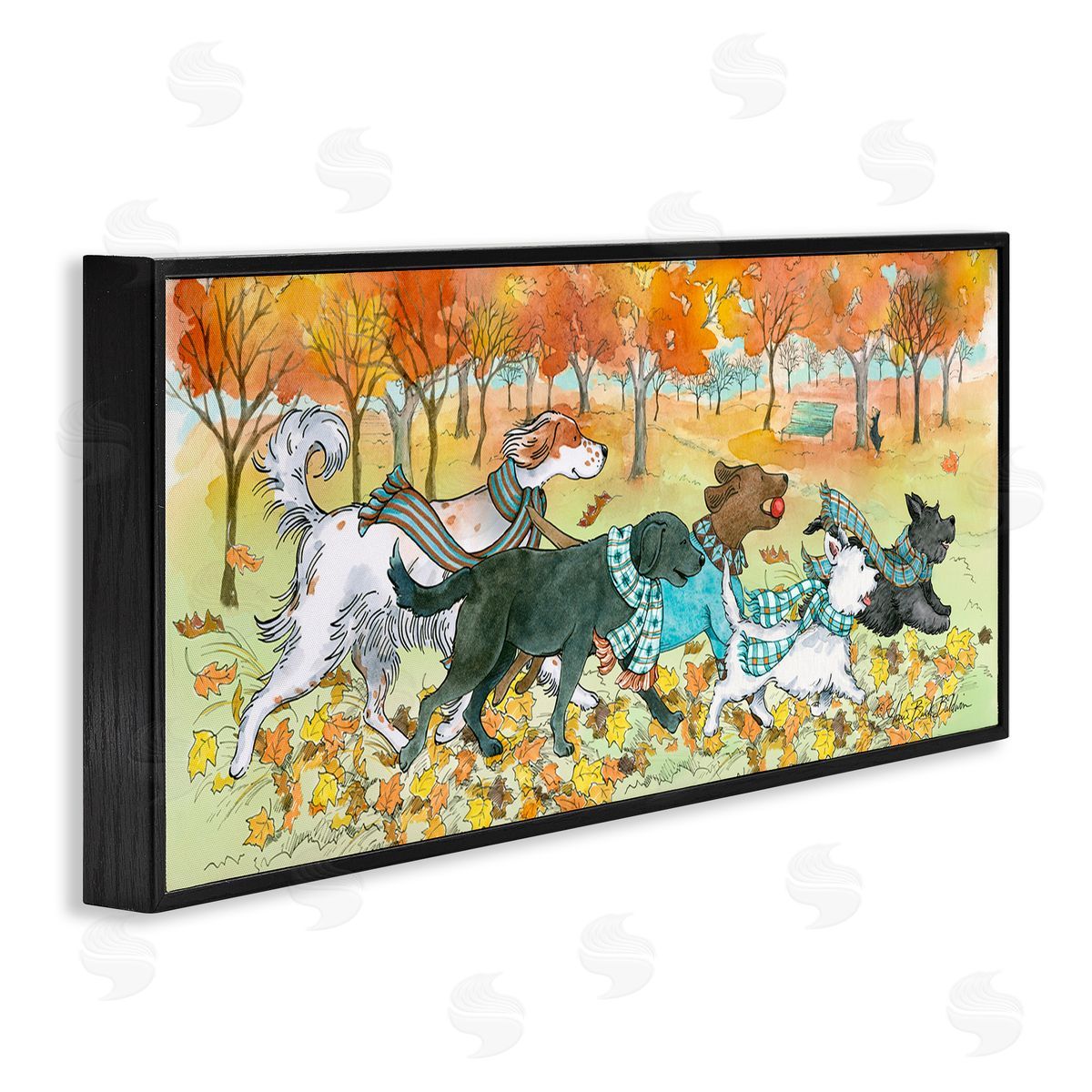 Sherri Buck Baldwin Dogs Running in Autumn Leaves Black Framed Giclee Wall Art