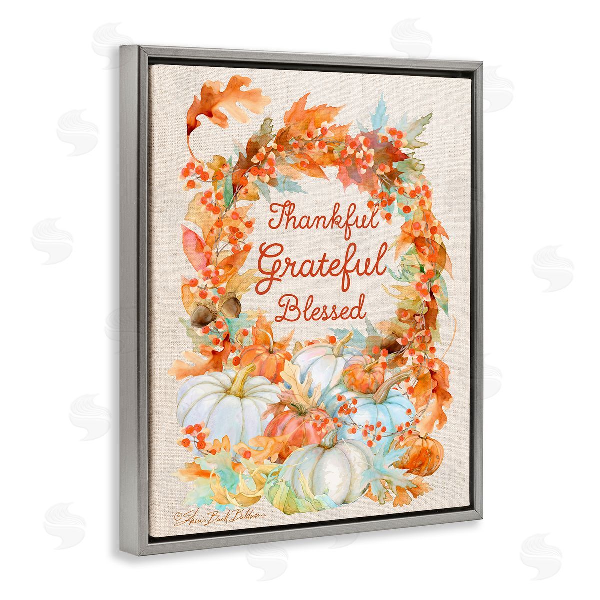 Sherri Buck Baldwin Thankful Grateful Blessed Autumn Harvest Gray Floater Frame Canvas Art