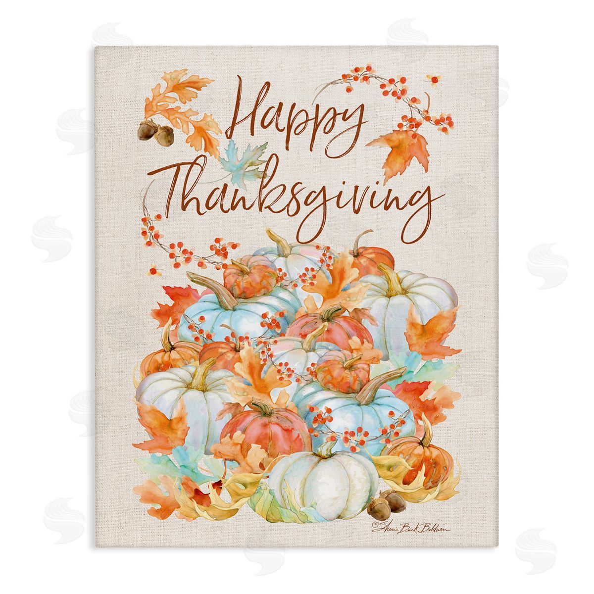 Sherri Buck Baldwin Happy Thanksgiving White Autumn Pumpkins Canvas Wall Art