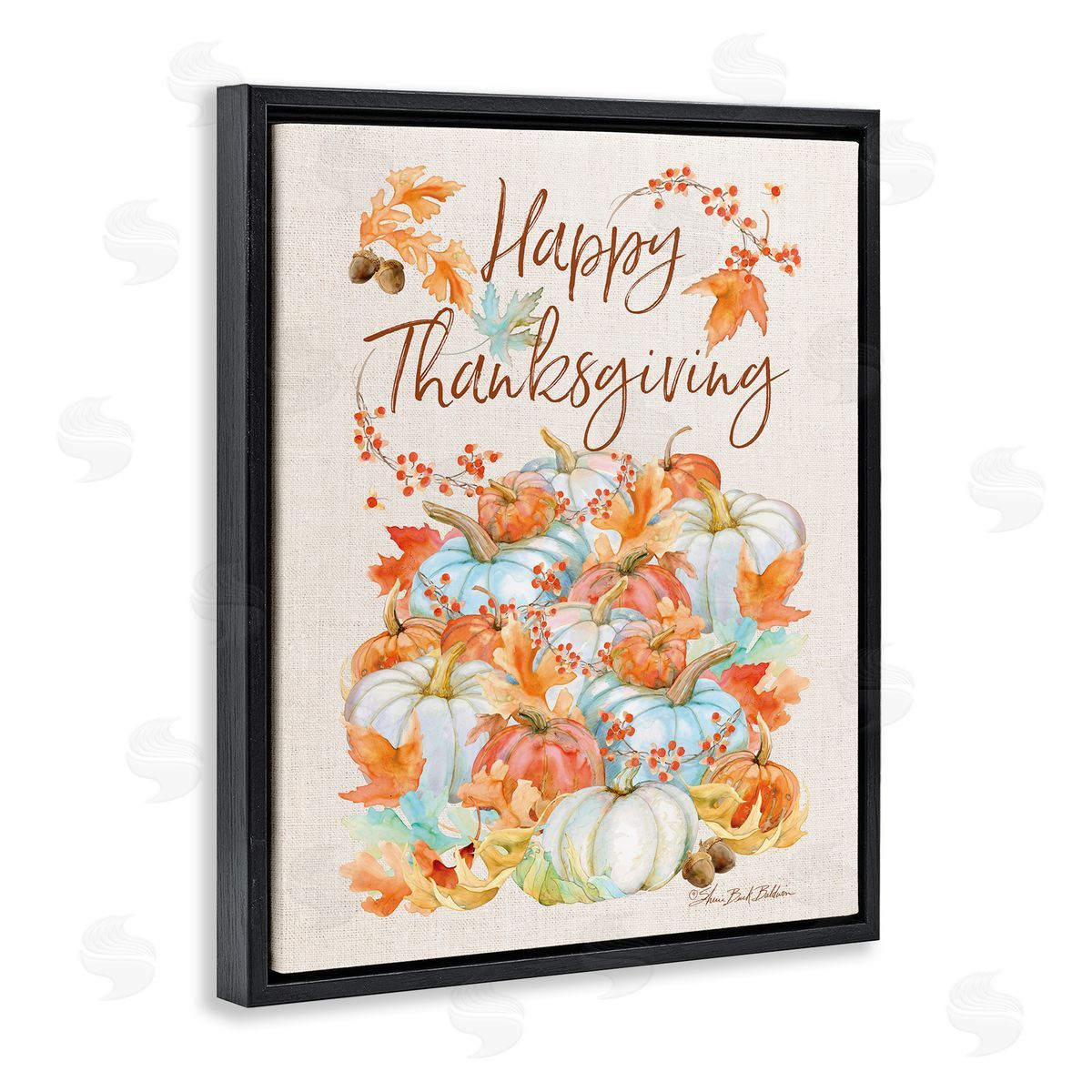 Sherri Buck Baldwin Happy Thanksgiving White Autumn Pumpkins Black Floater Frame Canvas Art