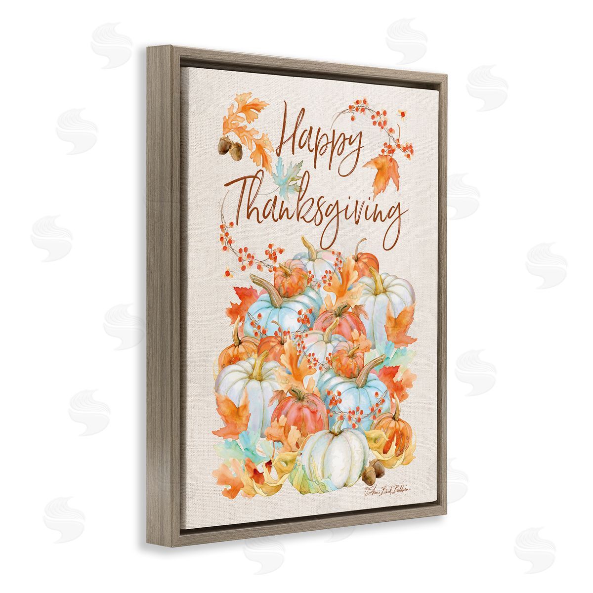 Sherri Buck Baldwin Happy Thanksgiving White Autumn Pumpkins Brown Floater Frame Canvas Art