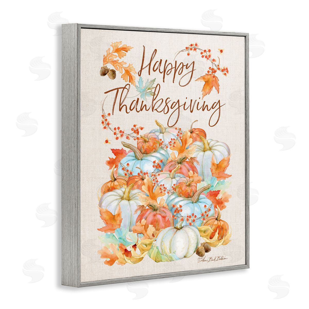 Sherri Buck Baldwin Happy Thanksgiving White Autumn Pumpkins Gray Framed Giclee Wall Art