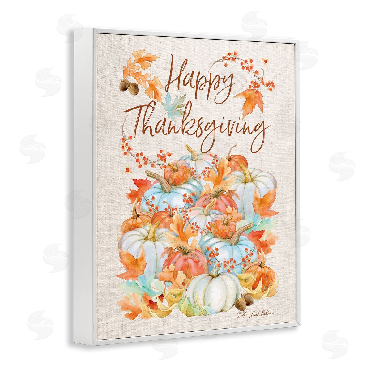 Sherri Buck Baldwin Happy Thanksgiving White Autumn Pumpkins White Framed Giclee Wall Art