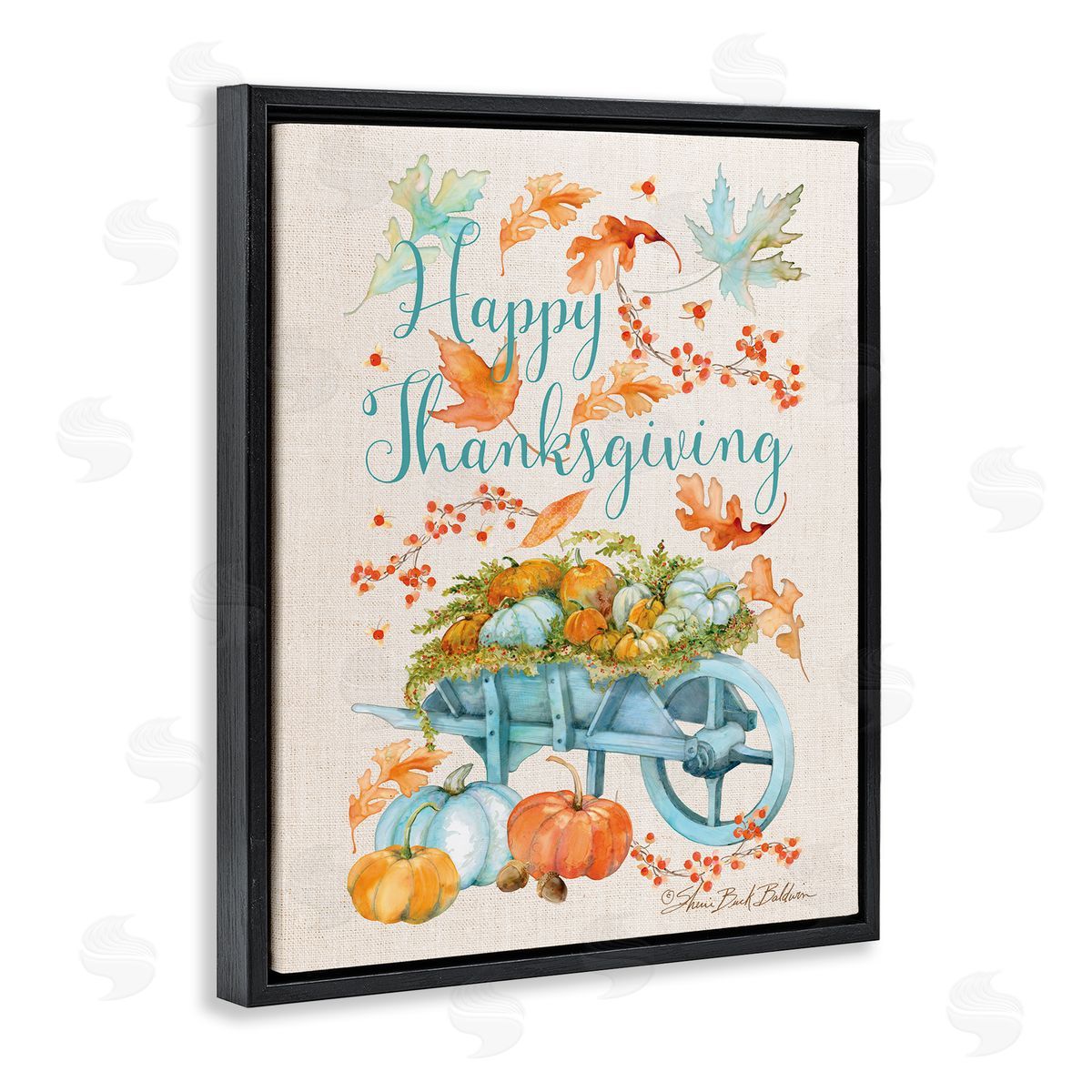 Sherri Buck Baldwin Happy Thanksgiving Pumpkin Wagon Black Floater Frame Canvas Art