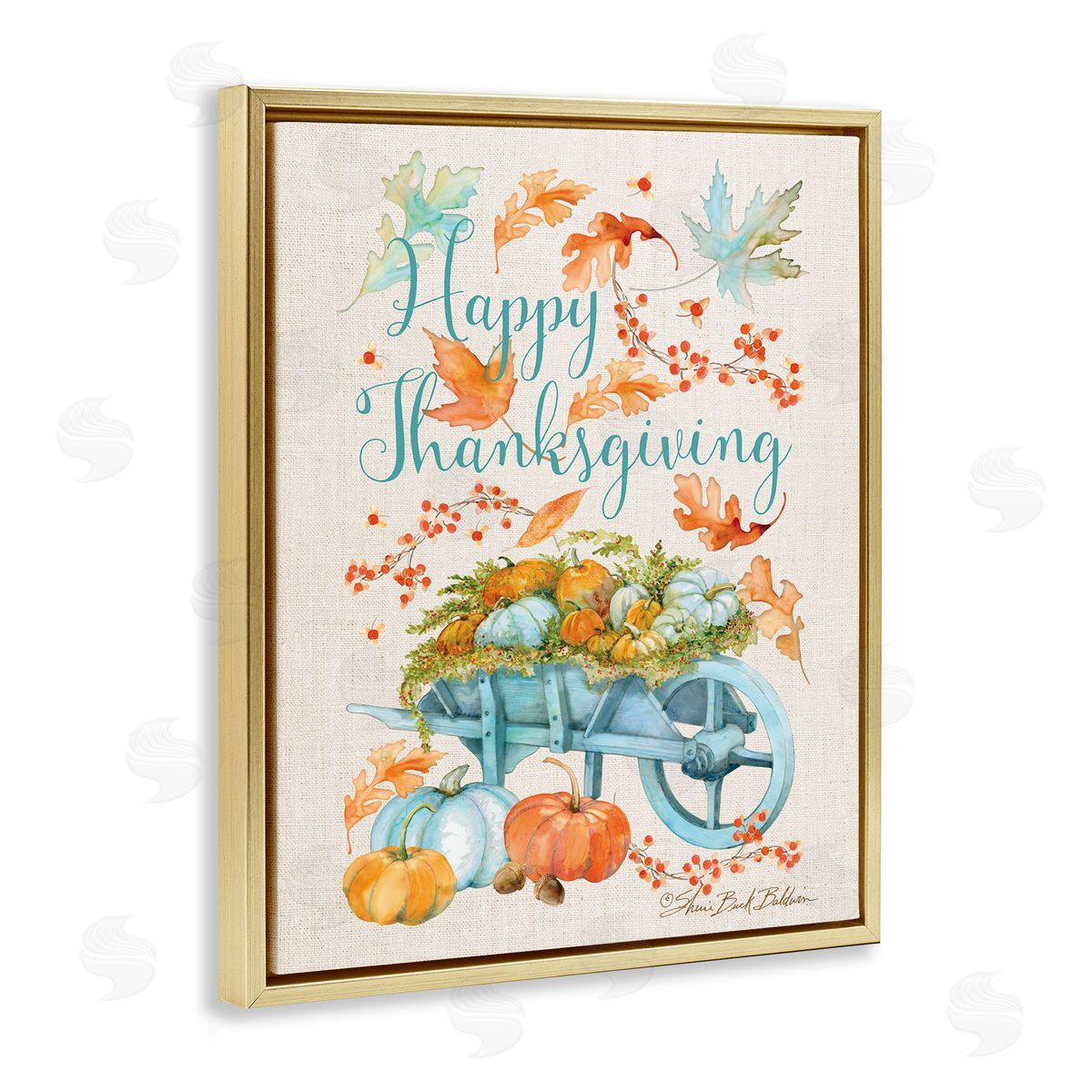 Sherri Buck Baldwin Happy Thanksgiving Pumpkin Wagon Gold Floater Frame Canvas Art