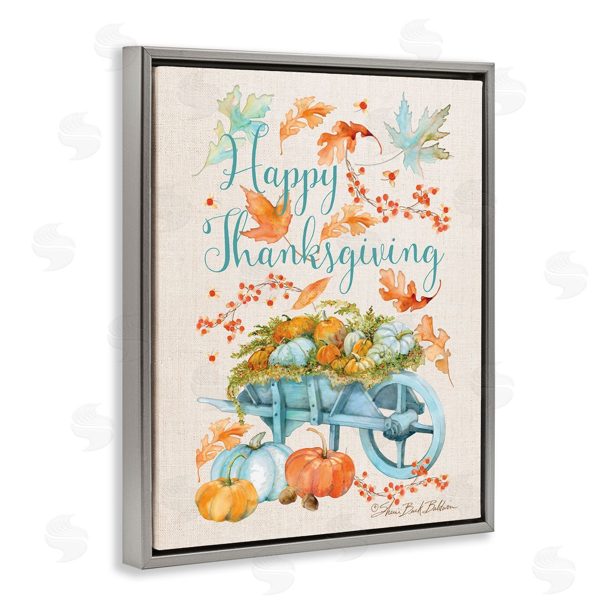 Sherri Buck Baldwin Happy Thanksgiving Pumpkin Wagon Gray Floater Frame Canvas Art