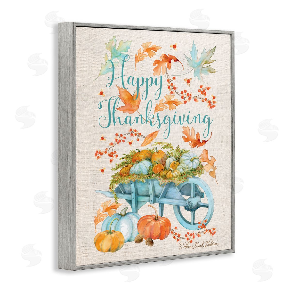 Sherri Buck Baldwin Happy Thanksgiving Pumpkin Wagon Gray Framed Giclee Wall Art
