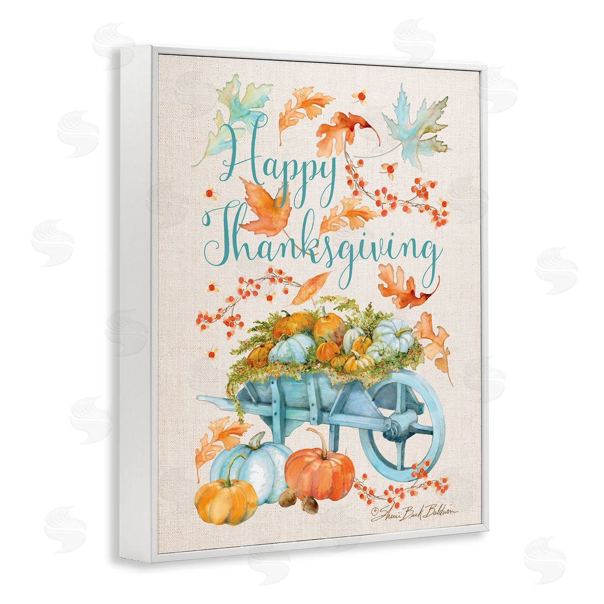 Sherri Buck Baldwin Happy Thanksgiving Pumpkin Wagon White Framed Giclee Wall Art