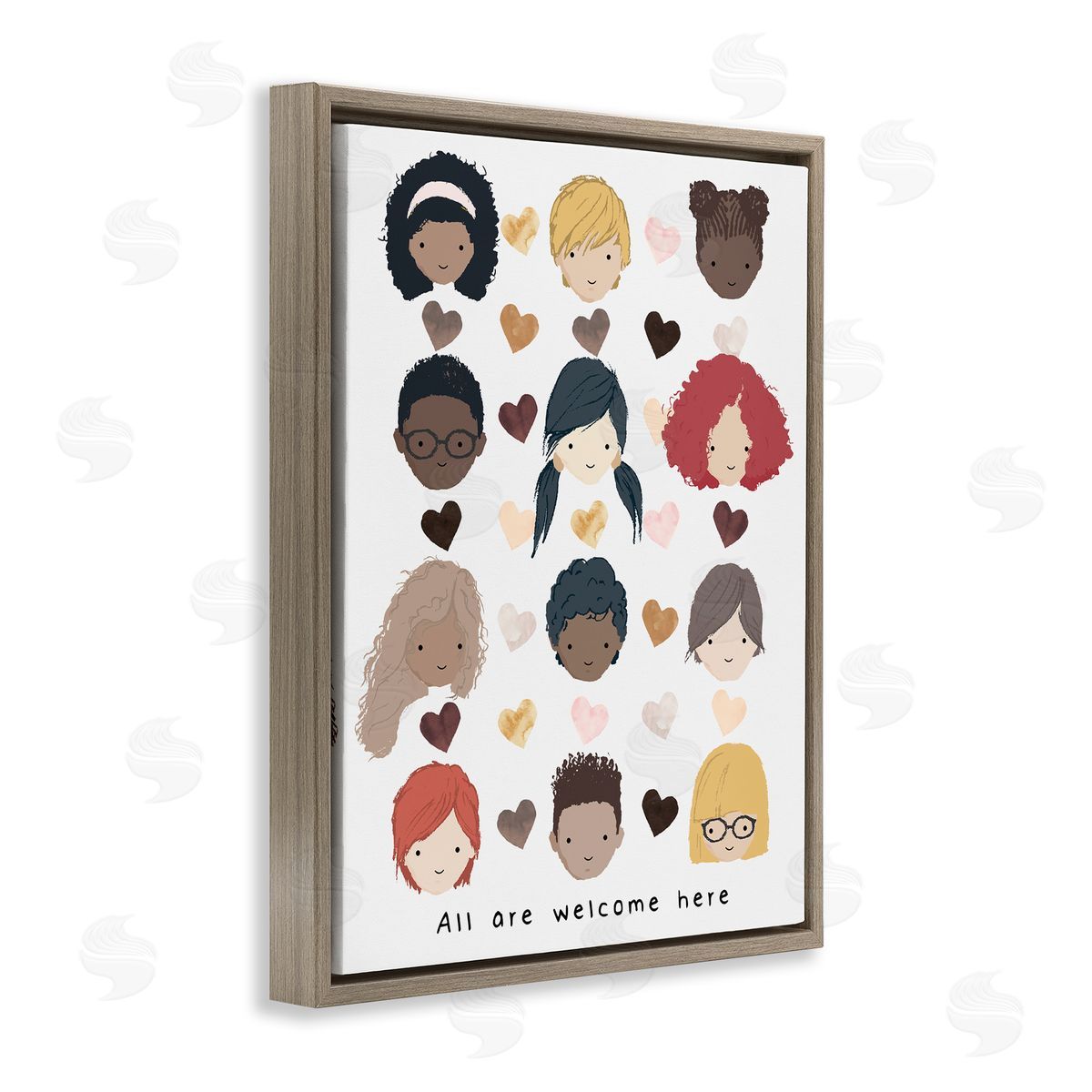 Erica Billups All Welcome Here Child Portraits Hearts Brown Floater Frame Canvas Art