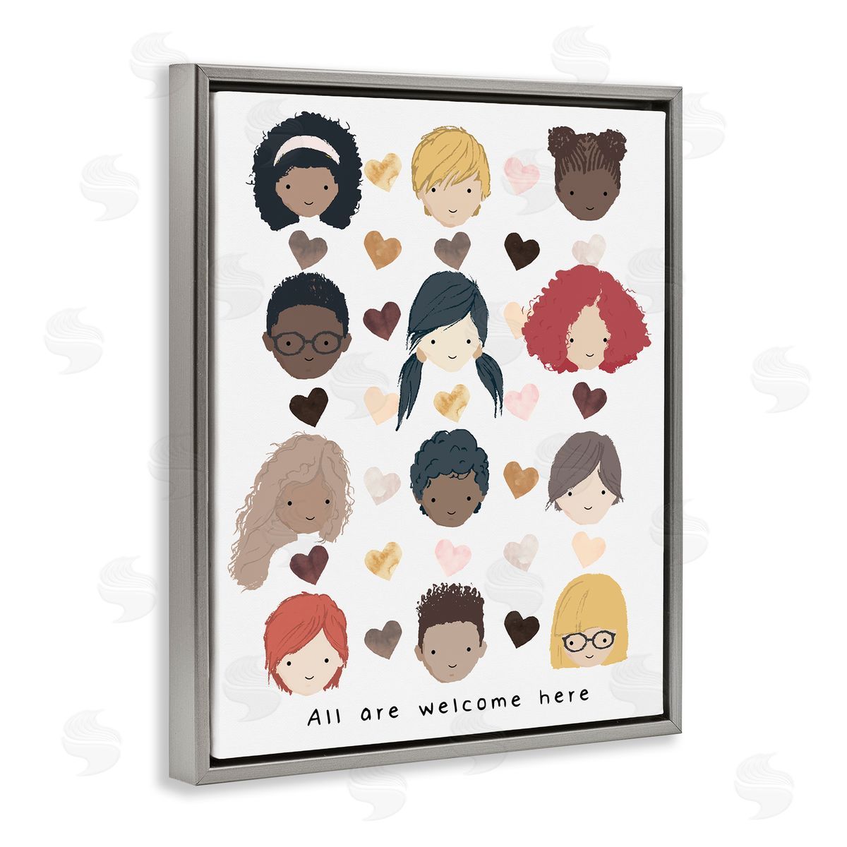 Erica Billups All Welcome Here Child Portraits Hearts Gray Floater Frame Canvas Art