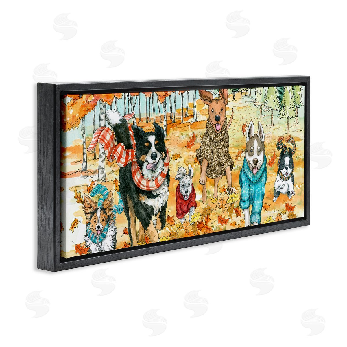 Autumn Dog Park Animals Running Black Floating Frame Canvas Wall Art, Home Decor by Sherri Buck Baldwin