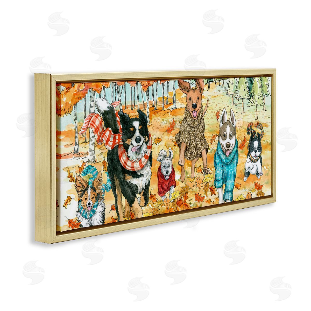 Autumn Dog Park Animals Running Gold Floating Frame Canvas Wall Art, Home Decor by Sherri Buck Baldwin