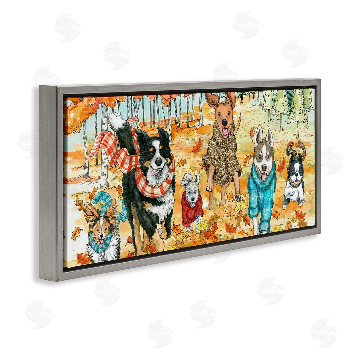 Autumn Dog Park Animals Running Grey Floating Frame Canvas Wall Art, Home Decor by Sherri Buck Baldwin