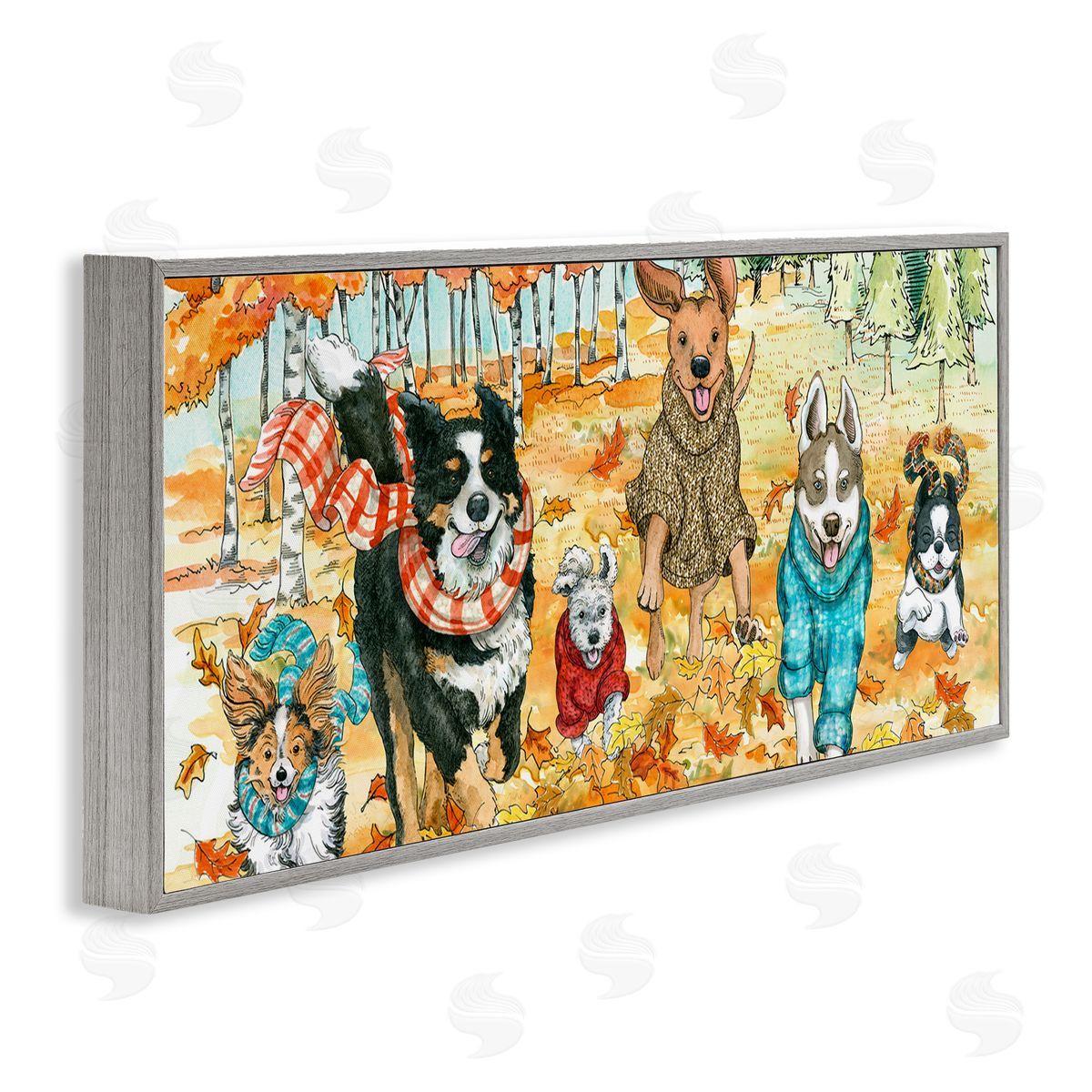 Autumn Dog Park Animals Running Grey Frame Print Wall Art, Home Decor by Sherri Buck Baldwin
