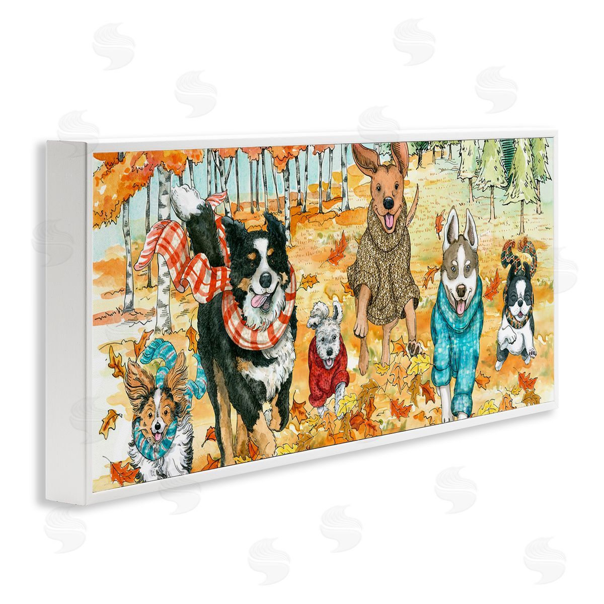 Autumn Dog Park Animals Running White Frame Print Wall Art, Home Decor by Sherri Buck Baldwin