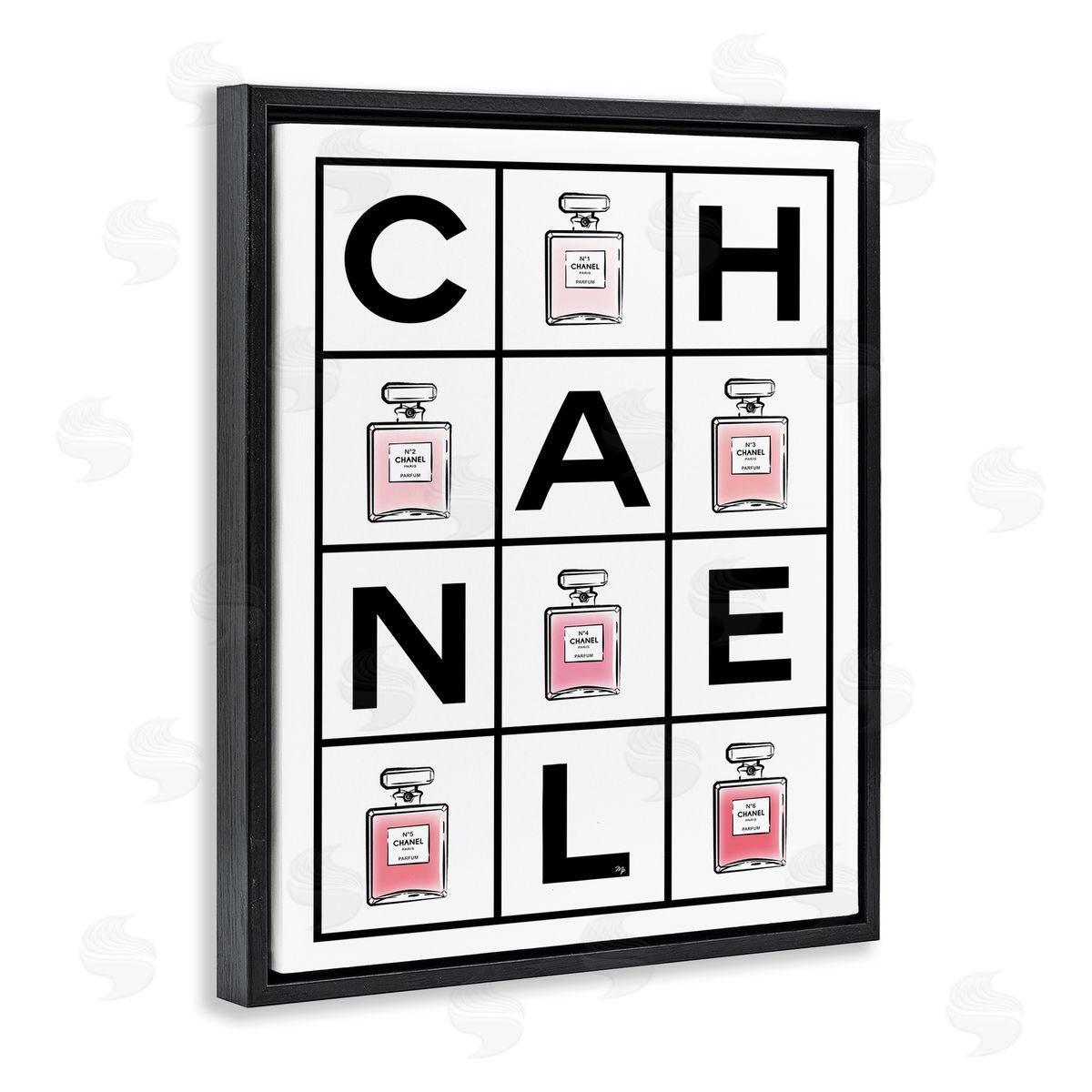 Martina Pavlova Perfume Bottle Bold Text Glam Pattern Black Floater Frame Canvas Art