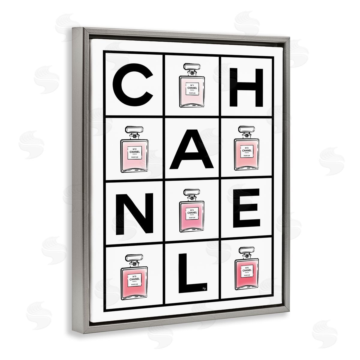 Martina Pavlova Perfume Bottle Bold Text Glam Pattern Gray Floater Frame Canvas Art