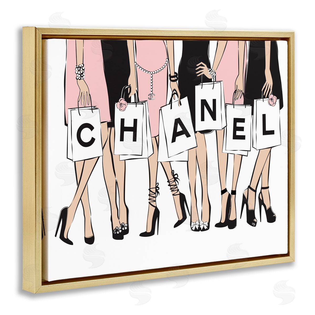 Martina Pavlova Fashionista Shopping Bags Standing Poses Gold Floater Frame Canvas Art