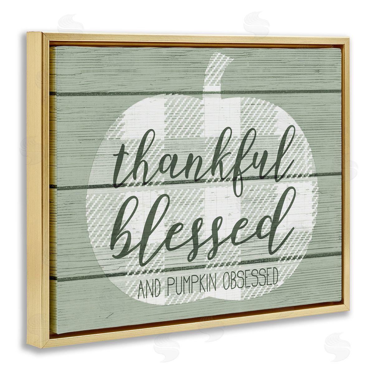 Stupell Studio Green Thankful Blessed Pumpkin Harvest Gold Floater Frame Canvas Art