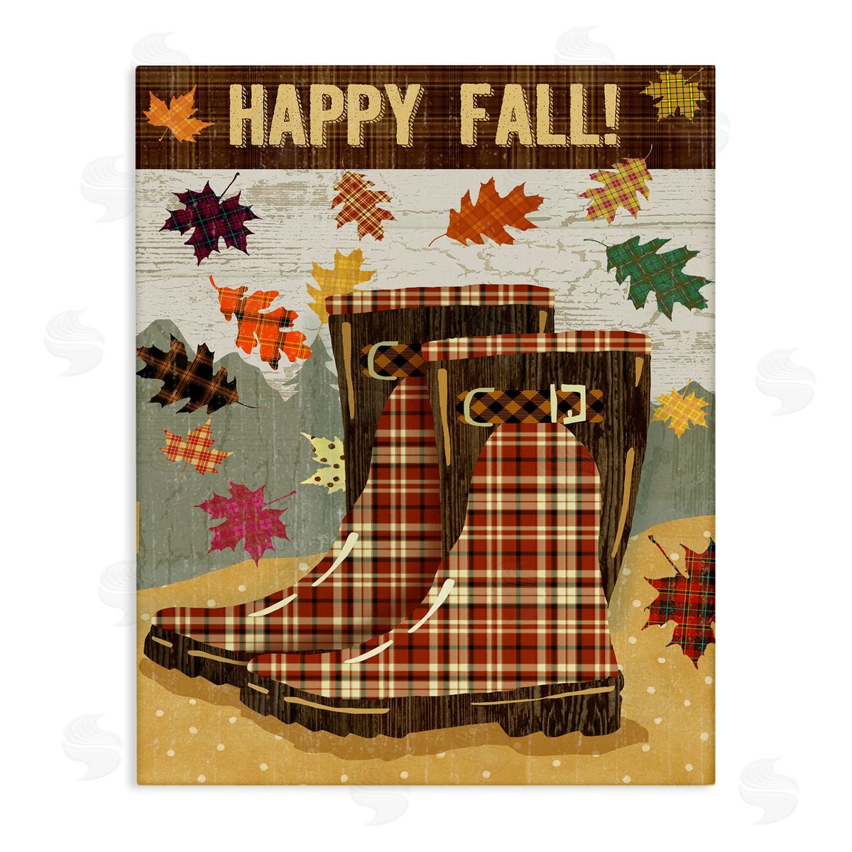 Andrea Tachiera Happy Fall Plaid Boots and Foliage Canvas Wall Art