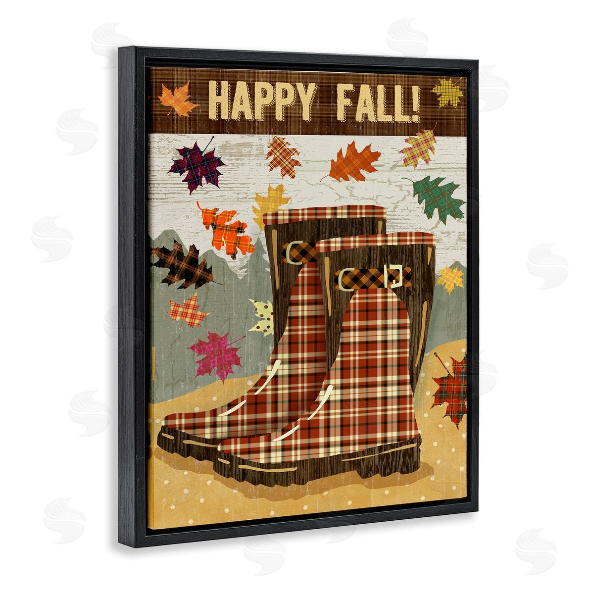 Andrea Tachiera Happy Fall Plaid Boots and Foliage Black Floater Frame Canvas Art