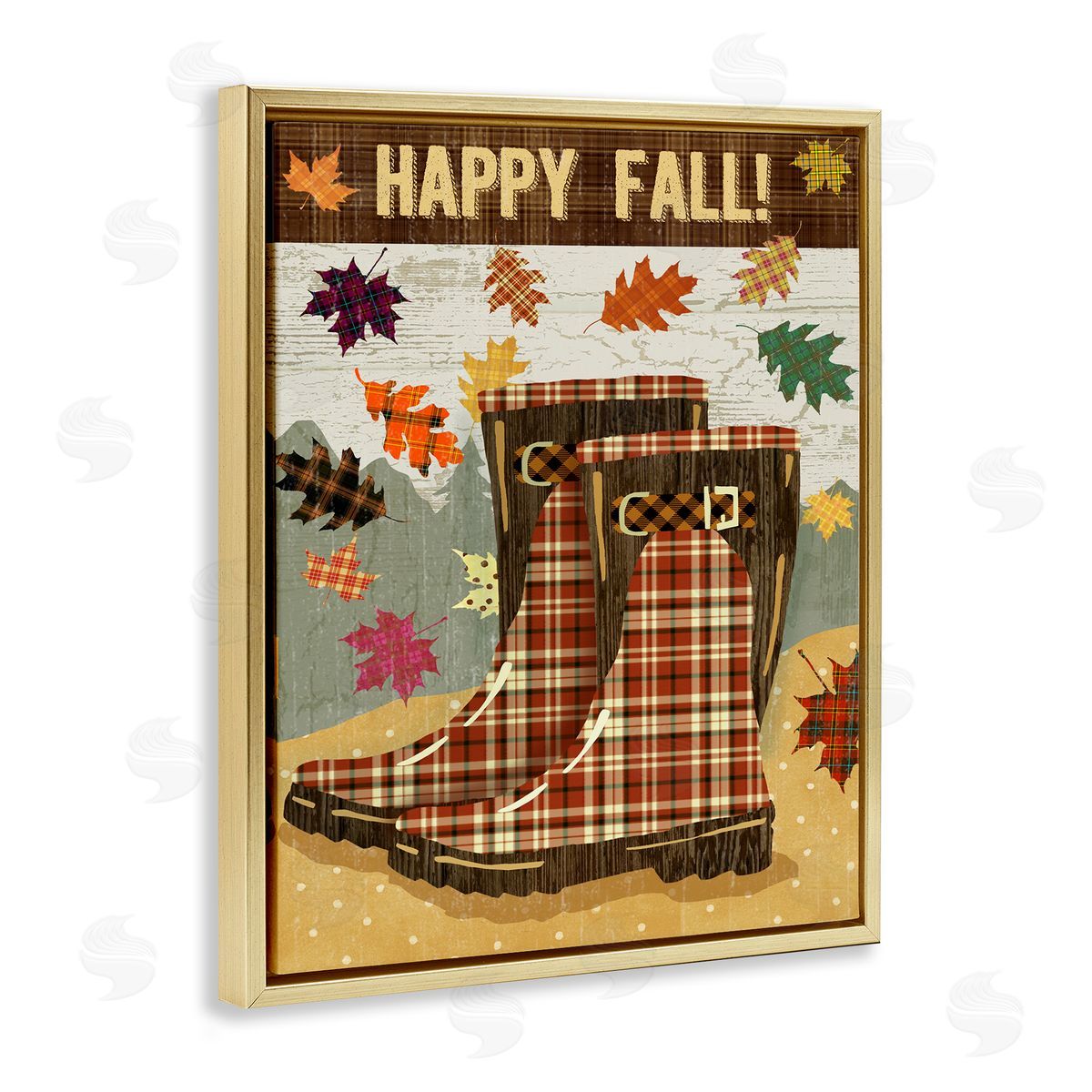 Andrea Tachiera Happy Fall Plaid Boots and Foliage Gold Floater Frame Canvas Art