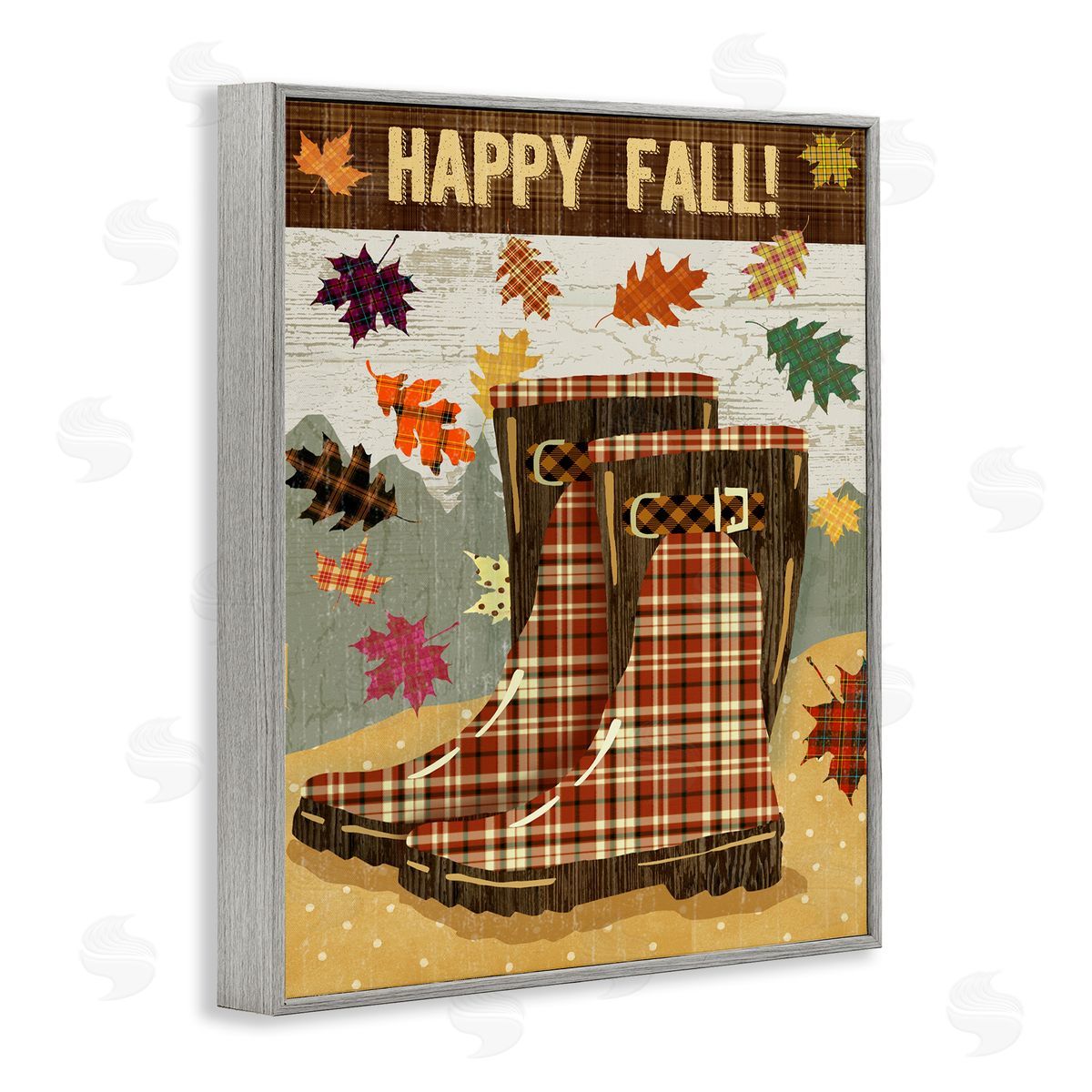 Andrea Tachiera Happy Fall Plaid Boots and Foliage Gray Framed Giclee Wall Art