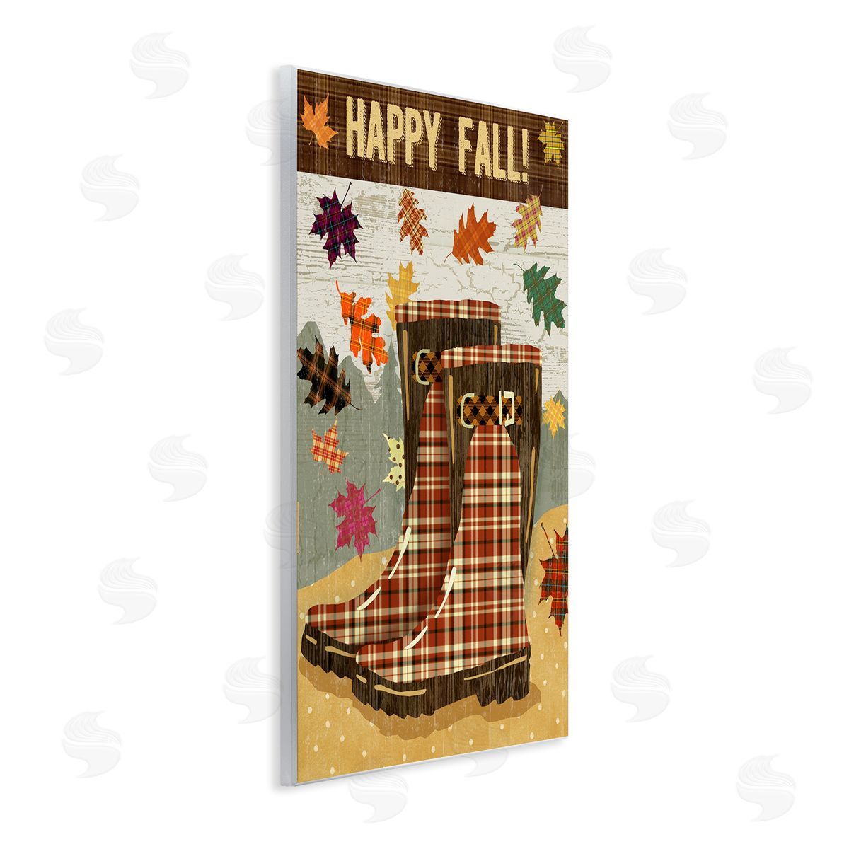 Andrea Tachiera Happy Fall Plaid Boots and Foliage Wall Plaque Art